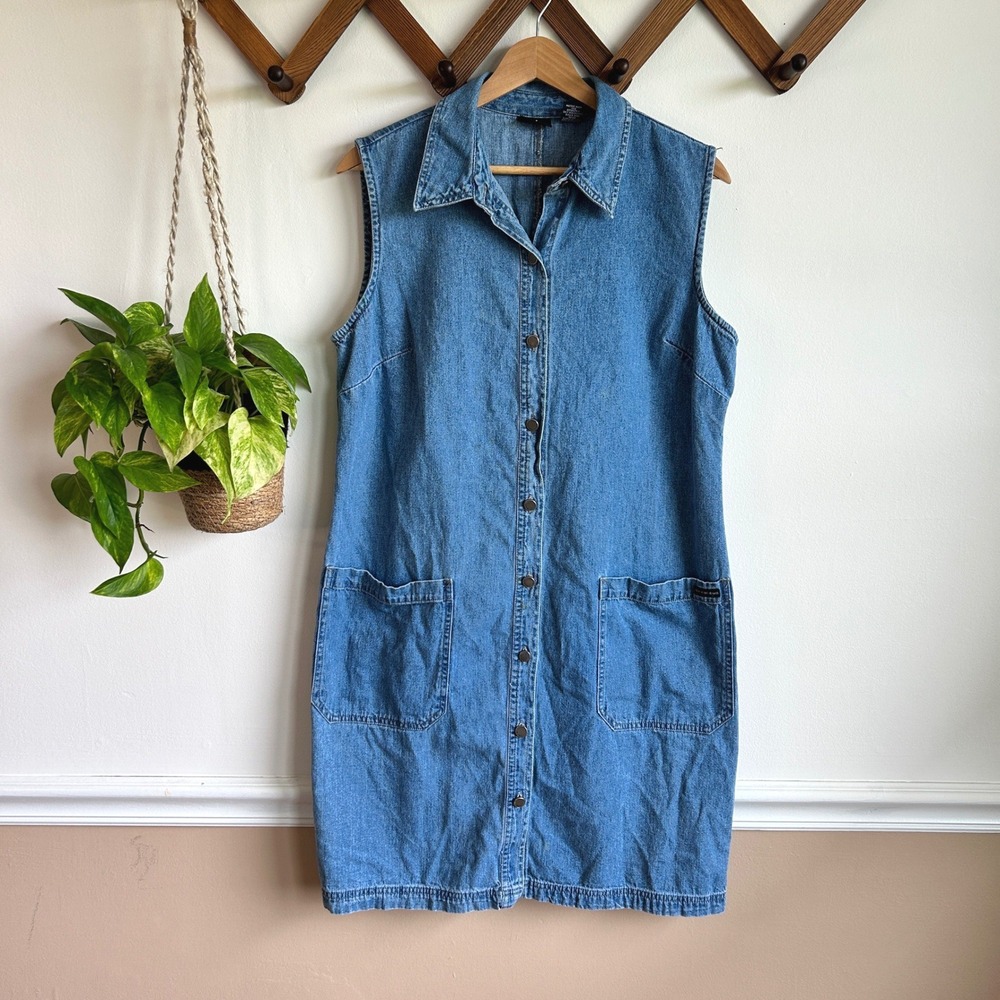 NY Jeans New York & Company Denim Button Down Sleeveless Pocket Dress Blue Sz 14